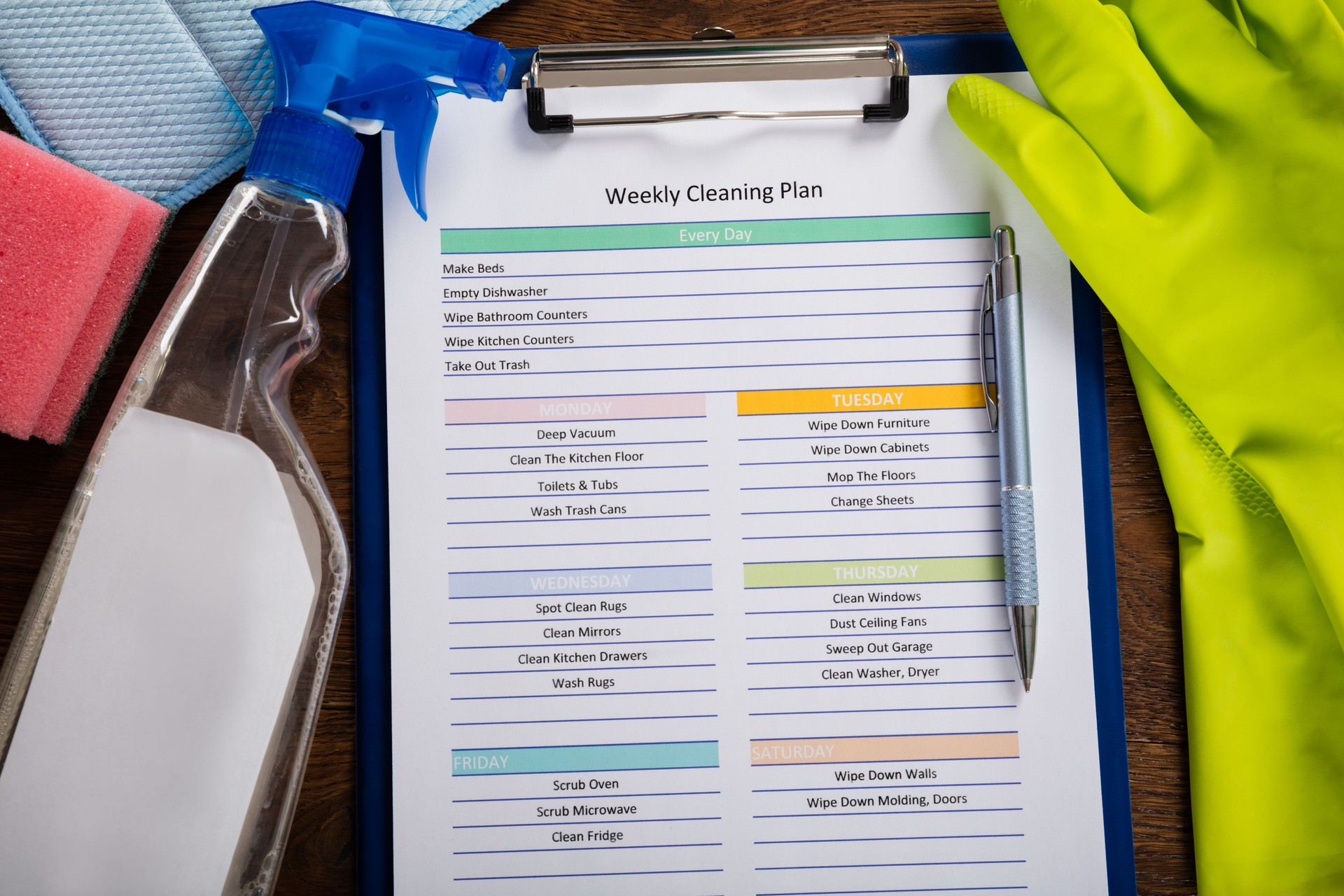 High Angle View Of Weekly Cleaning Plan Form